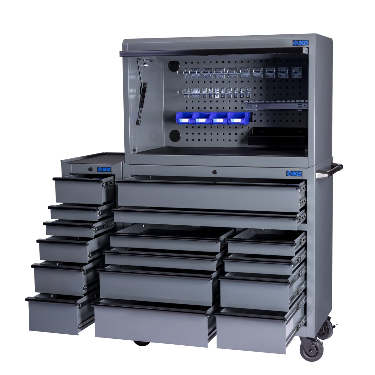 SGS 42in Roller Cabinet with Top Hutch and Side Cabinet | 16 Drawers | Slate Grey